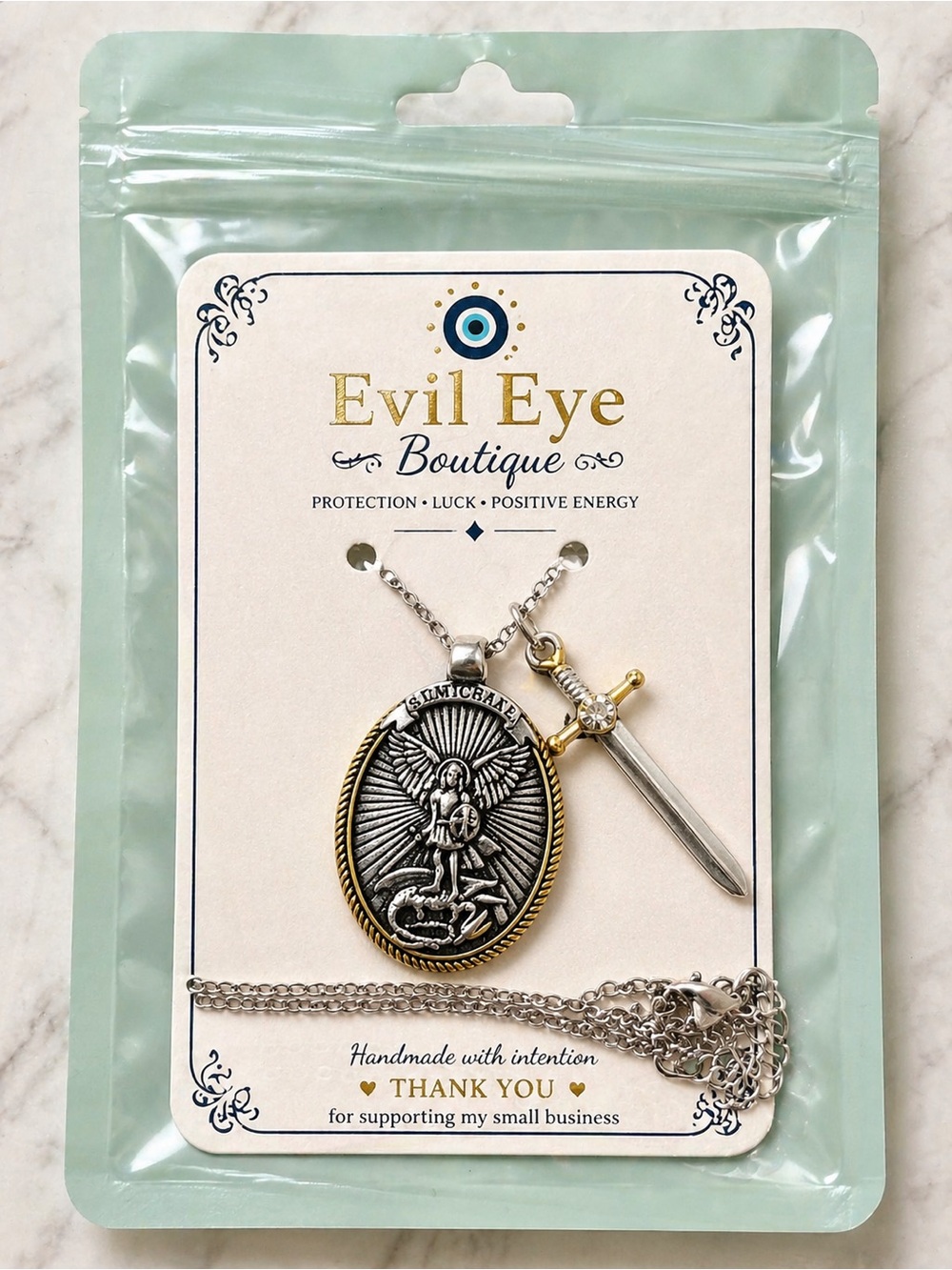 Evil Eye Boutique St. Michael Medal & Sword Necklace - Silver & Gold Tones